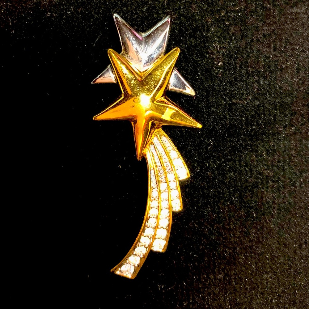 Shooting Double Star with rhinestones pin/brooch